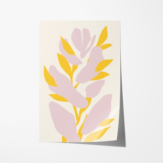 Poster de um arranjo floral com formas abstratas em tons de rosa e amarelo, representando flores e folhas num fundo claro. 6